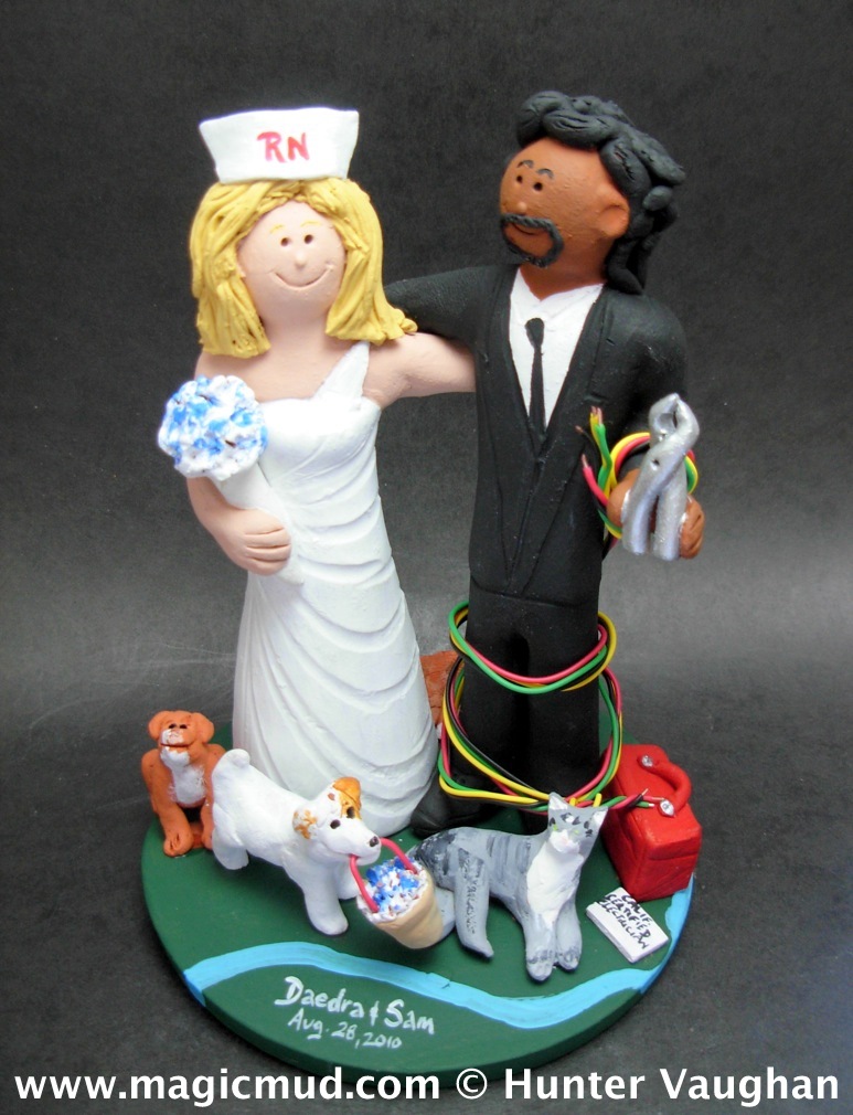 Interracial Electrician Wedding Cake Topper