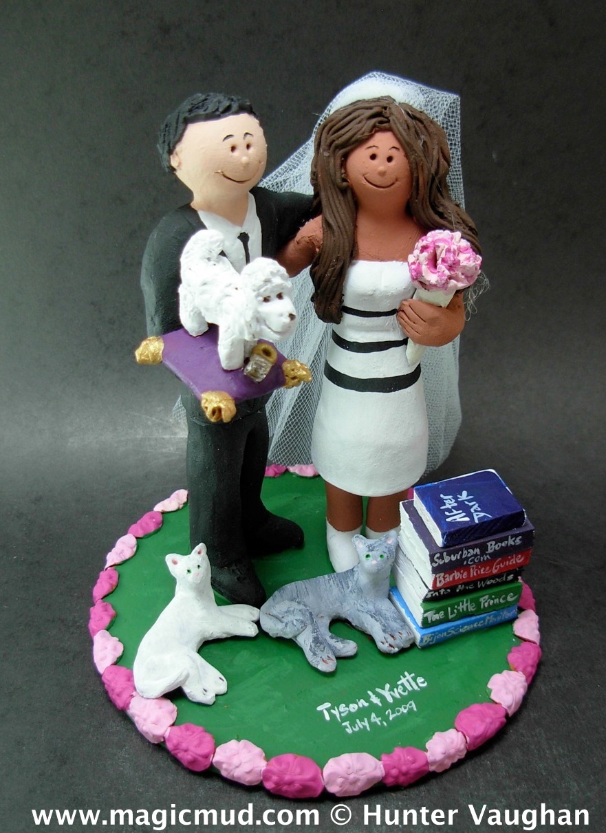 Mixed Race Wedding Cake Topper with Pets