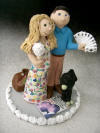 Cake Topper with decorative floral dress, pet dog,honeymoon suitcase and card shark "Hubby"